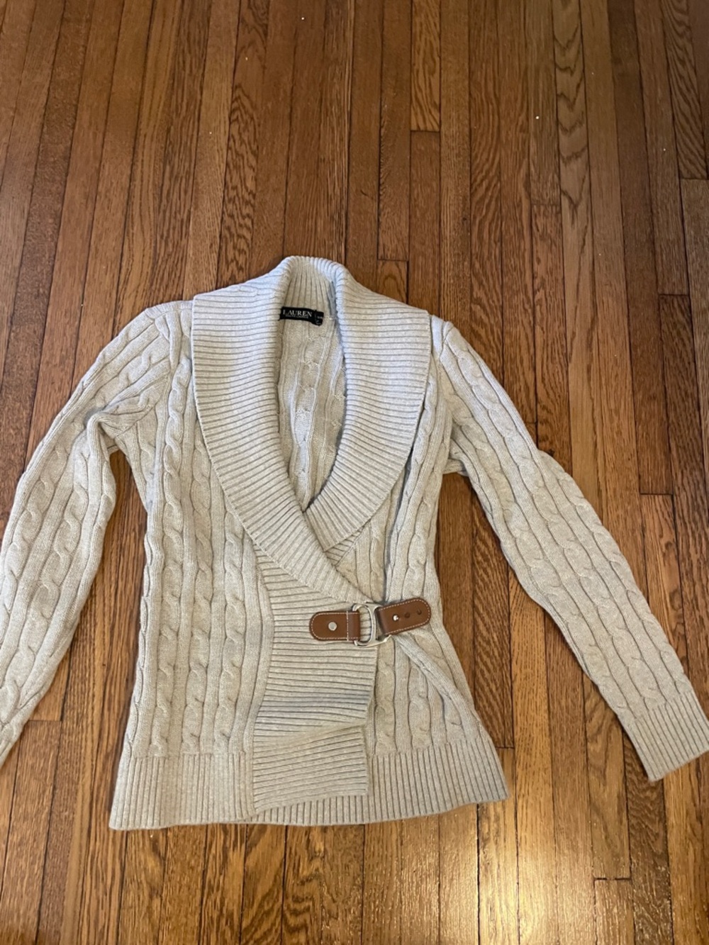 Ralph Lauren Cream Cable-Knit Shawl Cardigan with Brown Belt Detail